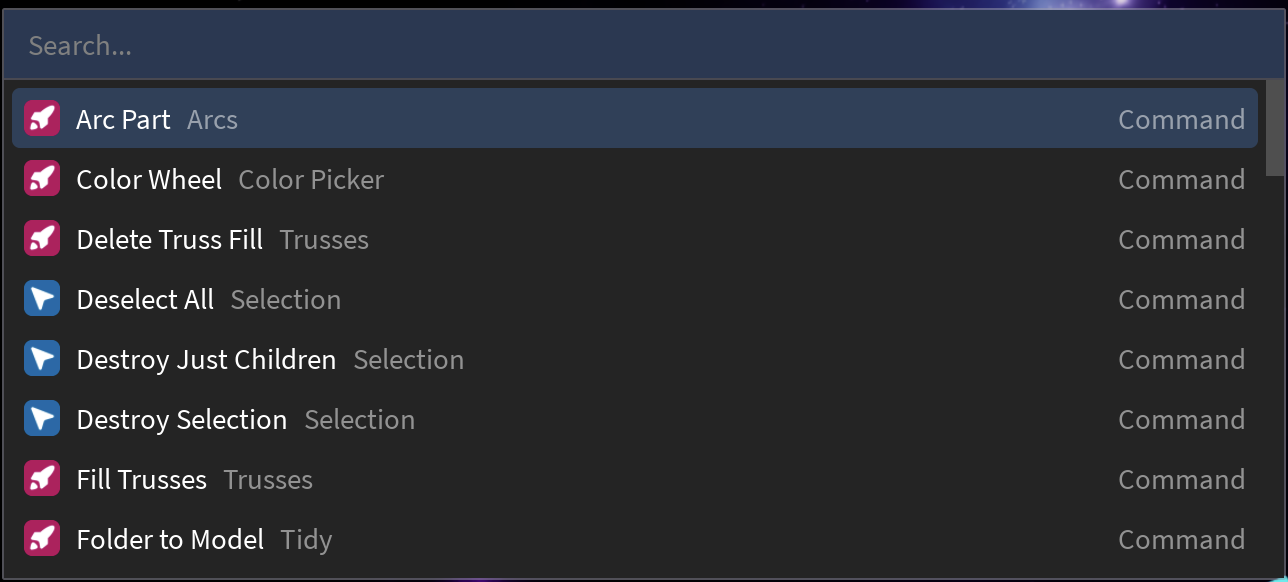 The Rocket Launcher, with several commands listed below a search bar.